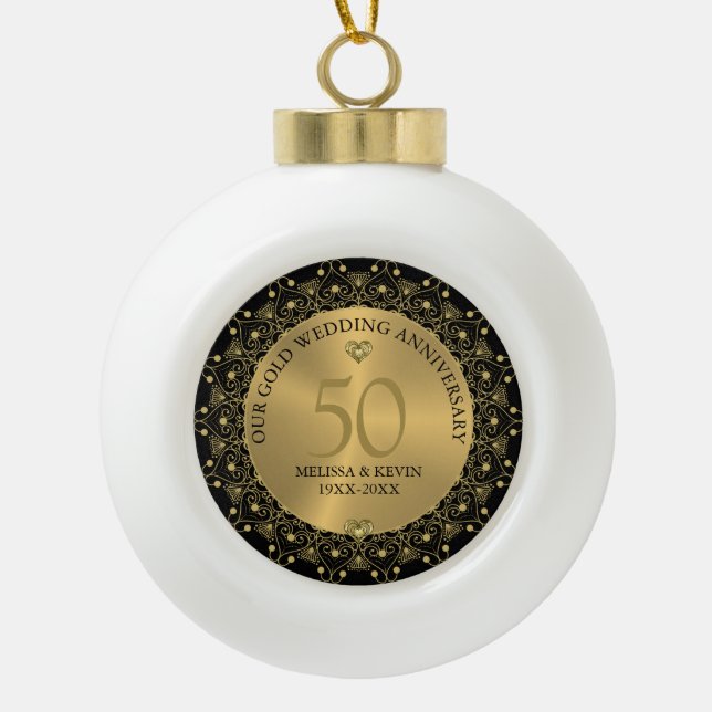Gold Mandal On Black 50th Wedding Anniversary Ceramic Ball Christmas Ornament (Front)