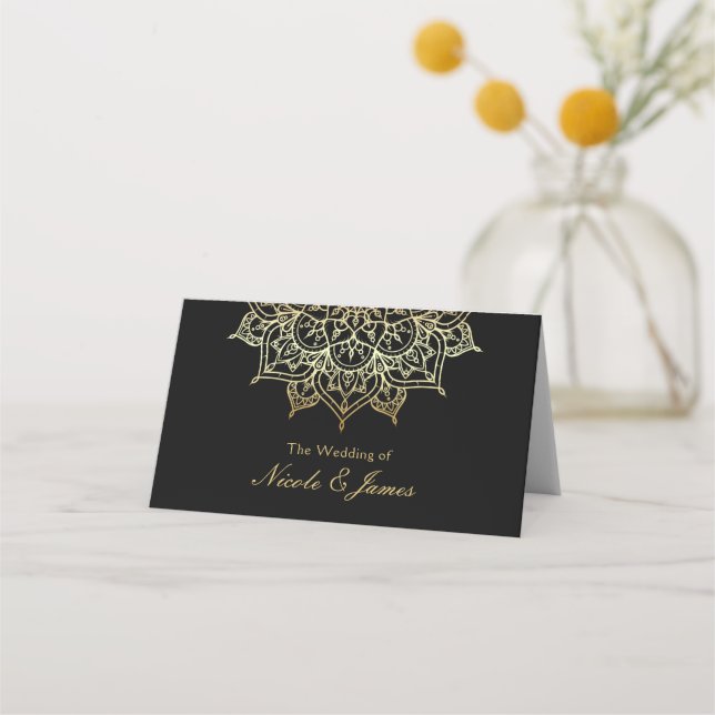Gold Mandala Black Chic Wedding Modern Table Seat Place Card (Front)
