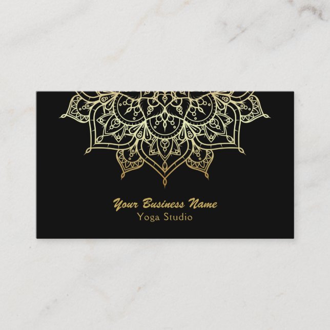 Gold Mandala Black Elegant Chic Modern Yoga Studio Business Card (Front)