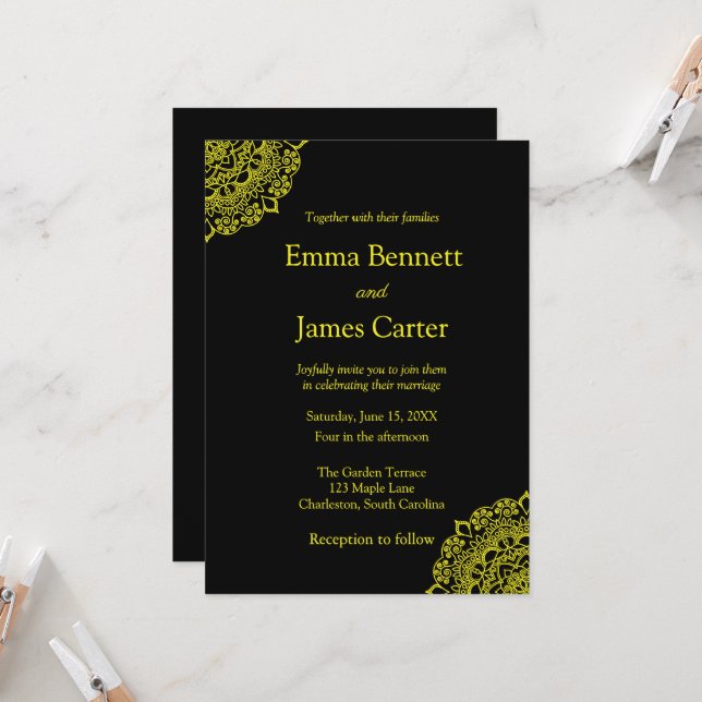 Gold mandala black wedding invitaion (Front/Back In Situ)