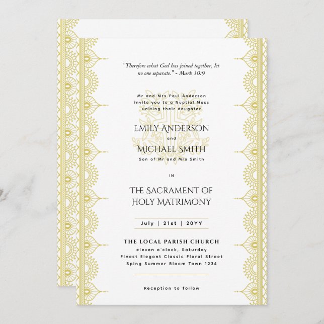 Gold Mandala Catholic Wedding Nuptial Mass Invitation (Front/Back)