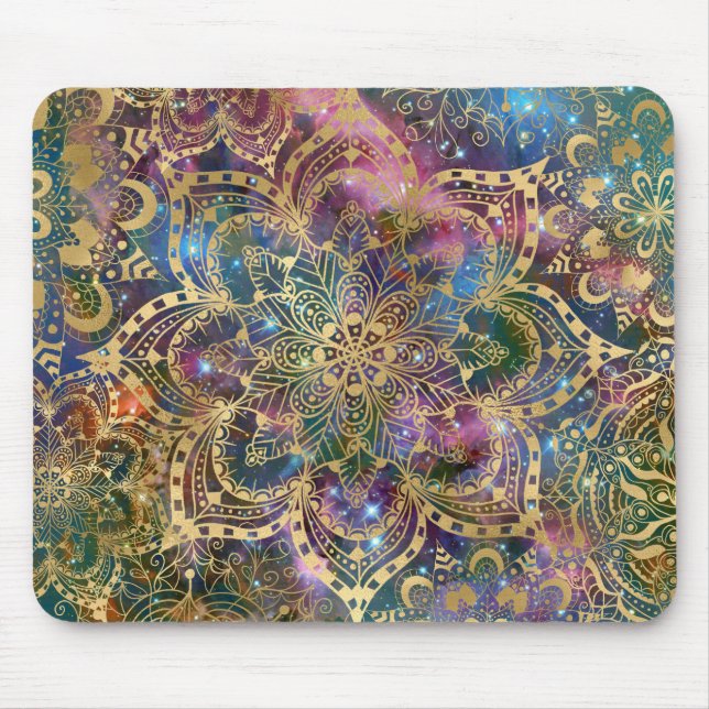 Gold Mandala Colourful Galaxy Design Floral Boho Mouse Pad (Front)