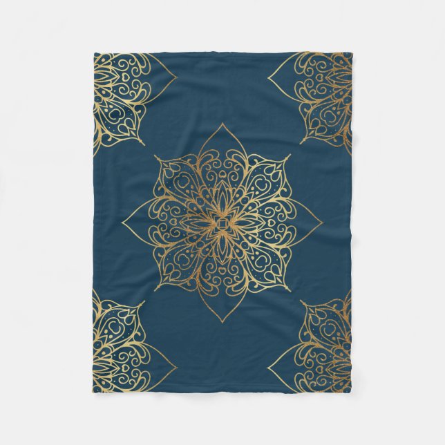 Gold Mandala Damask Pattern Fleece Blanket (Front)