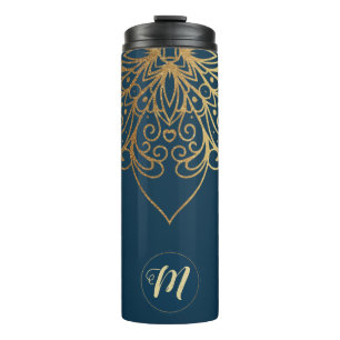 Gold Mandala Damask Pattern & Monogram Thermal Tumbler