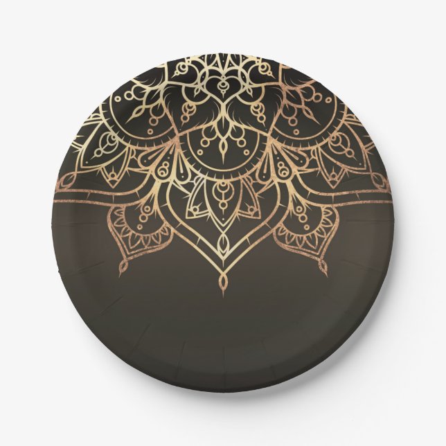 Gold Mandala Earthy Brown Bronze Modern Glam Party Paper Plate (Front)
