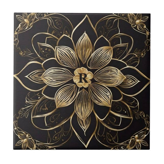 Gold Mandala Floral Black Elegant Monogram Initial Tile (Front)