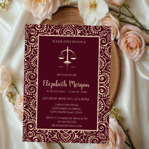  Gold Mandala Law School Burgundy Graduation  Invitation
