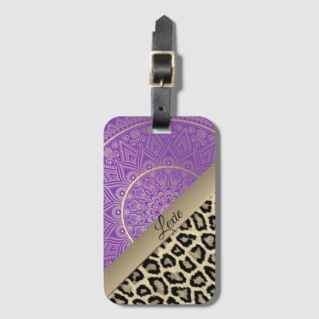 Gold Mandala Leopard Print Personalised Luggage Tag (Front Vertical)