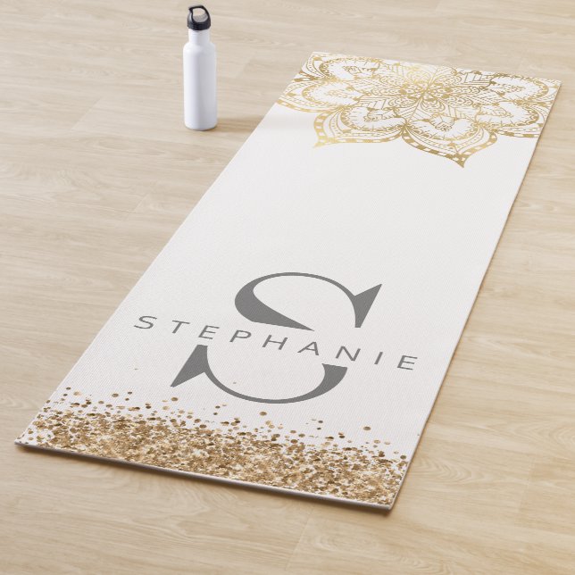 Gold mandala monogram custom name glitter yoga mat (In Situ)