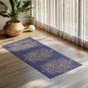 Gold Mandala Navy Blue Boho Yoga Mat