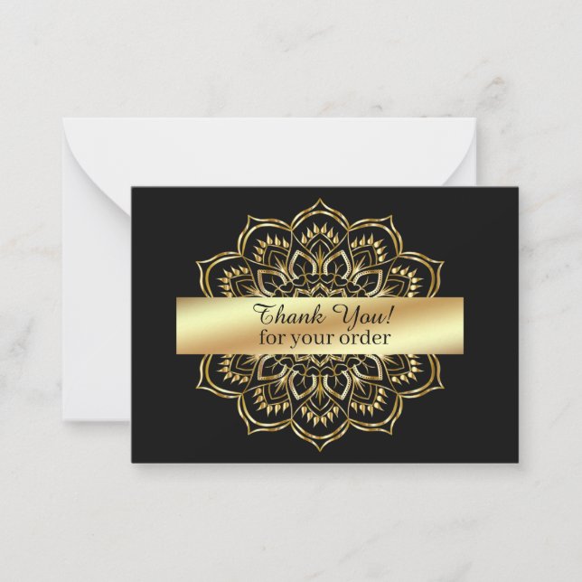 Gold Mandala On Black Background Thank You Card (Front)