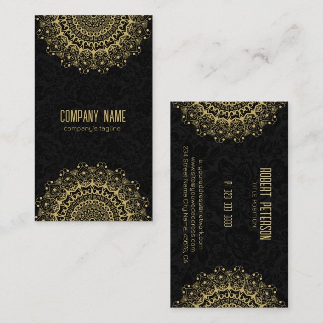Gold Mandala On Black Damask Background Business Card (Front/Back)