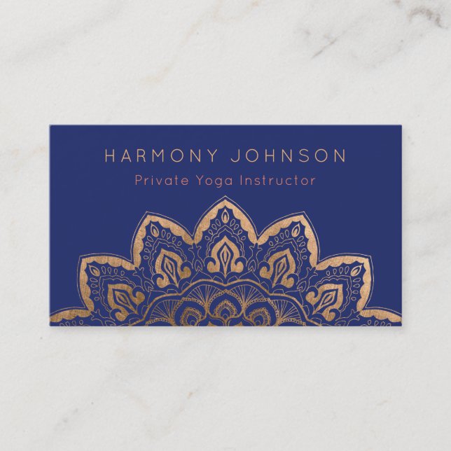 Gold Mandala on Navy Blue Yoga Business Card (Front)