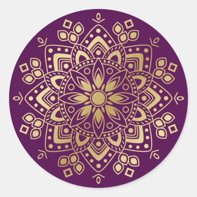 Gold Mandala on Purple Envelope Seals Stickers (Front)