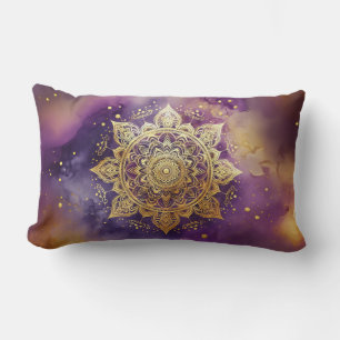 Gold Mandala on Purple Watercolor Lumbar Cushion