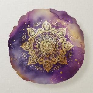 Gold Mandala on Purple Watercolor Round Cushion