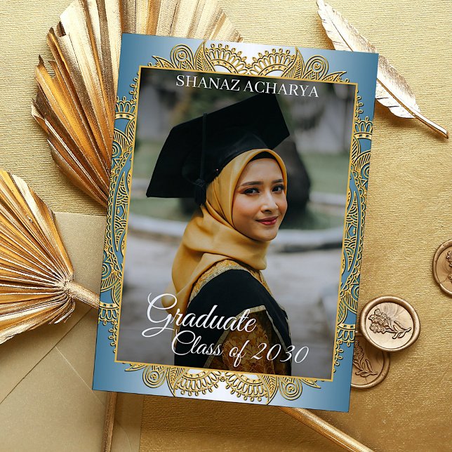 Gold Mandala On Teal Blue Graduation Announcement Postcard (Creator Uploaded)