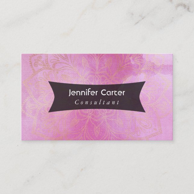 Gold Mandala Over Textured Deep Pink Watercolor Business Card (Front)