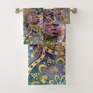 Gold Mandala pattern Blue Purple Nebula Custom Bath Towel Set