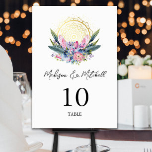Gold Mandala Pink Crystal Boho Handfasting Wedding Table Number