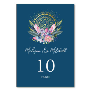 Gold Mandala Pink Crystal Boho Handfasting Wedding Table Number