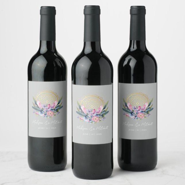 Gold Mandala Pink Crystal Boho Handfasting Wedding Wine Label (Bottles)
