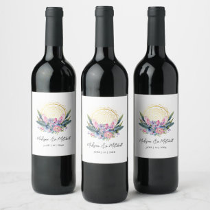 Gold Mandala Pink Crystal Boho Handfasting Wedding Wine Label