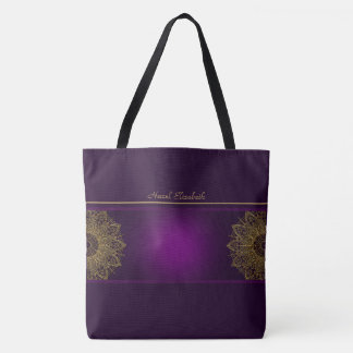 Gold Mandala Purple Monogram Tote Bag