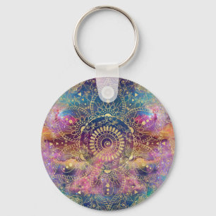 Gold Mandala Watercolor Colorful Nebula Key Ring