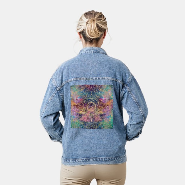 Gold Mandala Watercolor Colourful Nebula Denim Jacket (Model)
