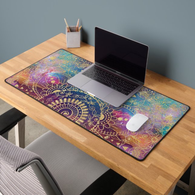 Gold Mandala Watercolor Colourful Nebula Desk Mat (Office 2)
