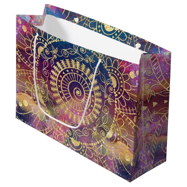 Gold Mandala Watercolor Colourful Nebula Large Gift Bag (Front Angled)