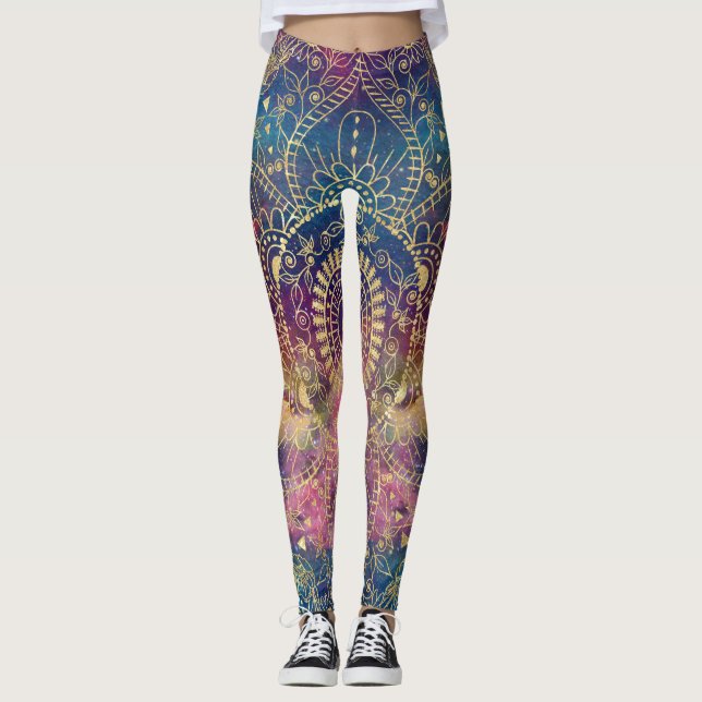 Gold Mandala Watercolor Colourful Nebula Leggings (Front)