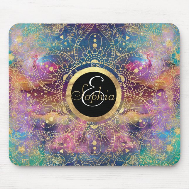 Gold Mandala Watercolor Colourful Nebula Mouse Pad (Front)