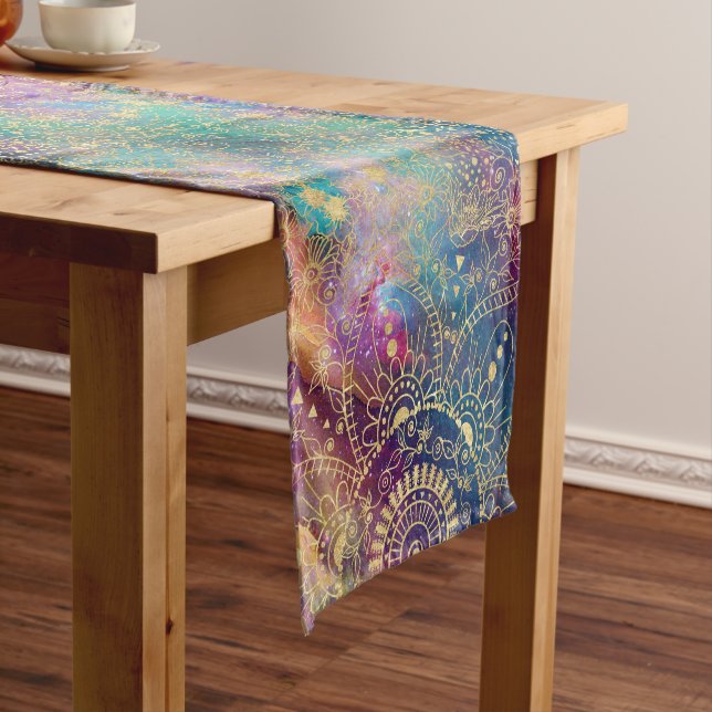 Gold Mandala Watercolor Colourful Nebula Short Table Runner (In Situ)
