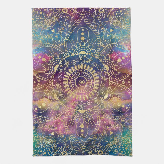 Gold Mandala Watercolor Colourful Nebula Tea Towel (Vertical)