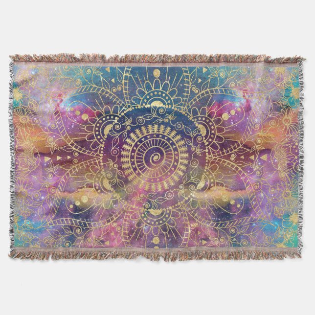 Gold Mandala Watercolor Colourful Nebula Throw Blanket (Front)