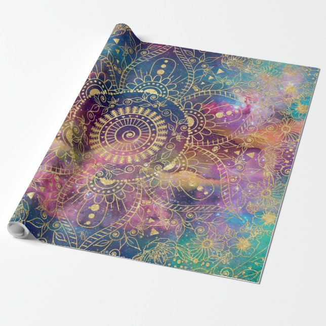 Gold Mandala Watercolor Colourful Nebula Wrapping Paper (Unrolled)
