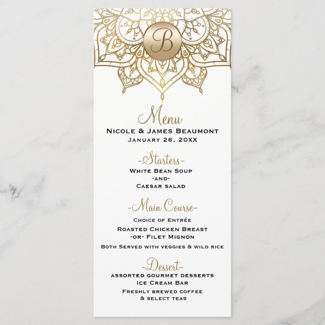 Gold Mandala White Modern Elegant Wedding Menu (Front)
