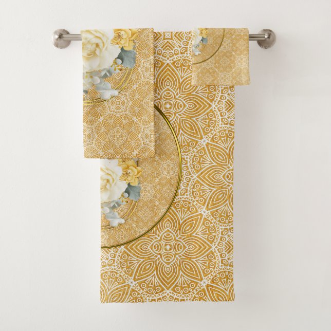 Gold Mandalas of various Geometric Circle repeats Bath Towel Set (Insitu)