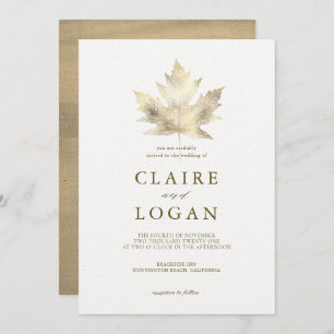 Gold Maple Leaf White Wedding Invitation