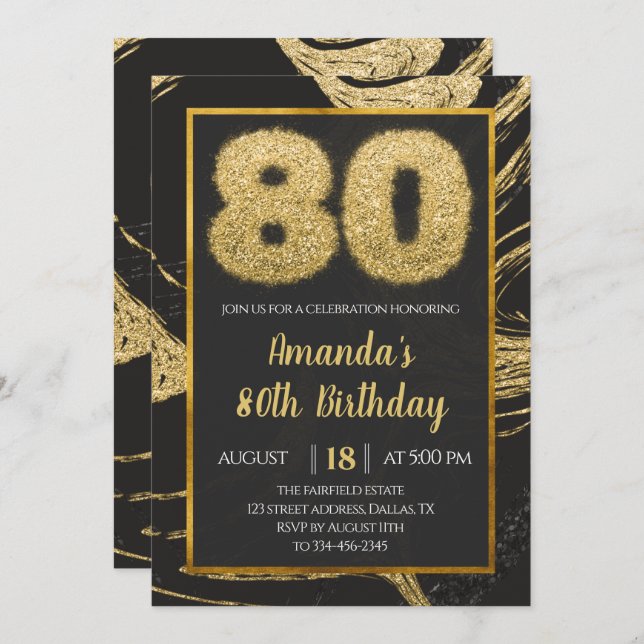 Gold Marble 80th Birthday Invitation (Front/Back)