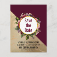 Gold Marble and Burgundy Floral Save the Date