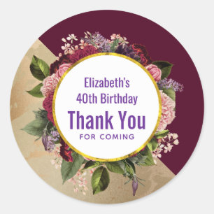 Gold Marble and Burgundy Florals Birthday Thanks Classic Round Sticker