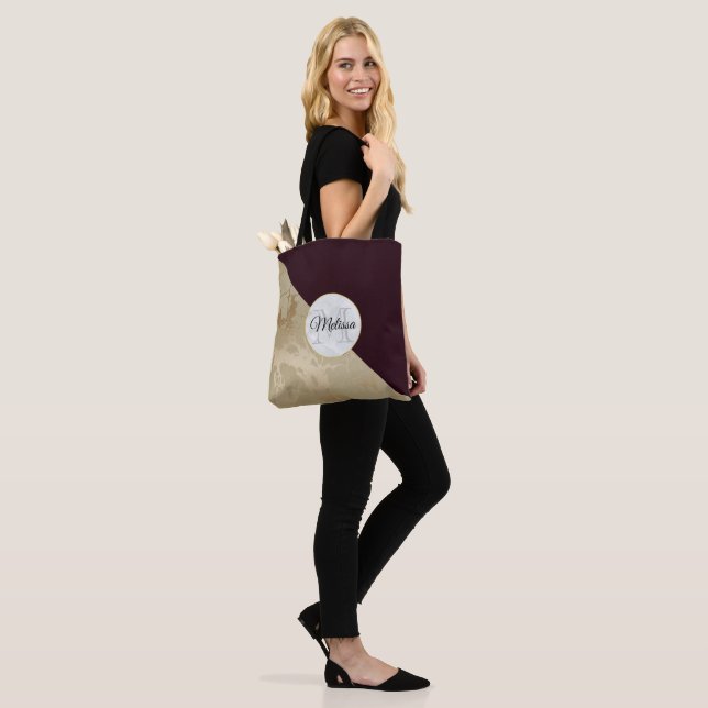 Gold Marble and Burgundy Pattern Monogram Tote Bag (On Model)