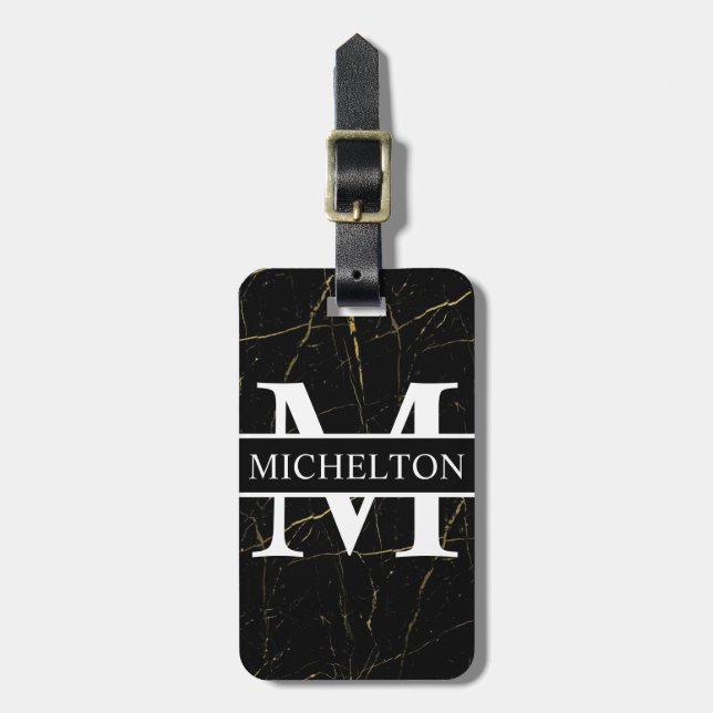 Gold Marble Black Personalised Luggage Tag (Front Vertical)