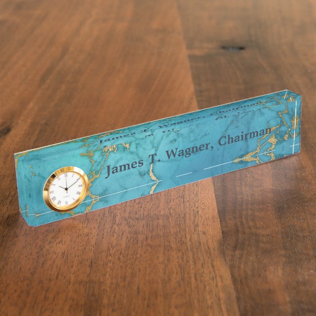 Gold Marble Blue Faux Stone Nameplate (Side)