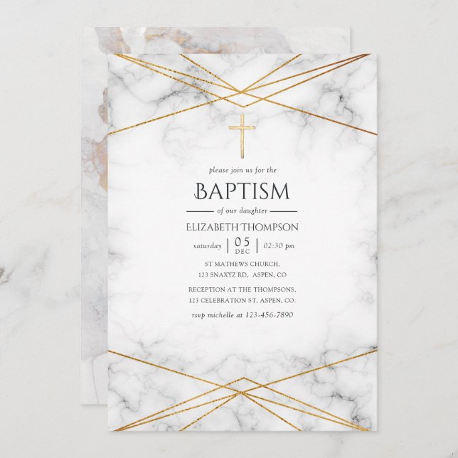 Gold Marble Geometric Baptism Invitation (Front/Back)