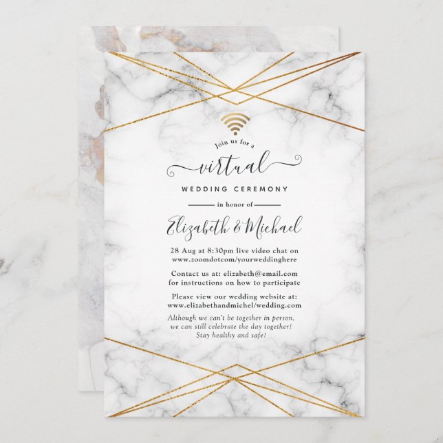 Gold Marble Geometric Online Virtual Wedding Invitation (Front/Back)