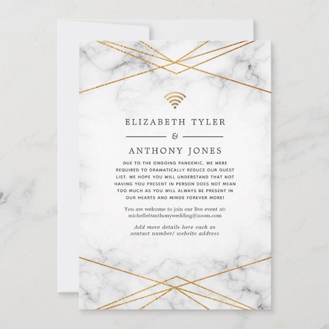 Gold Marble Geometric Reduced Wedding Guests Announcement (Front)
